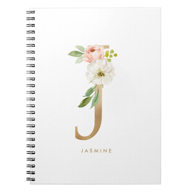 Pretty Faux Gold Foil Floral Letter J Monogram Notebook (Front)