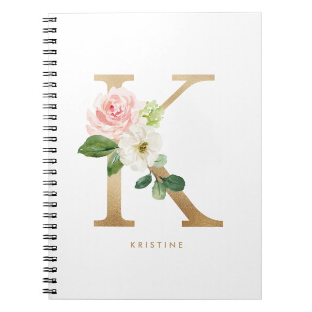 Pretty Faux Gold Foil Floral Letter K Monogram Notebook (Front)