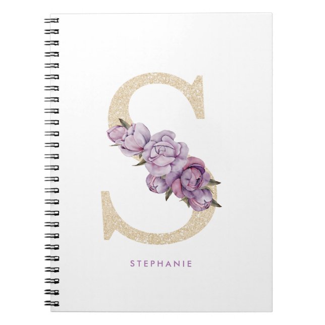 Pretty Faux Gold Glitter Floral Letter S Monogram Notebook (Front)