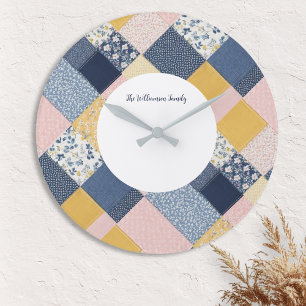 Pretty Faux Patchwork Rustic Country Farmhouse Large Clock