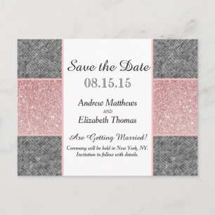 Pretty Faux Pink Glitter and Grey Fabric Announcement Postcard