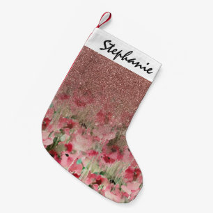 Pretty Faux Rose Gold Glitter on Watercolor Floral Small Christmas Stocking