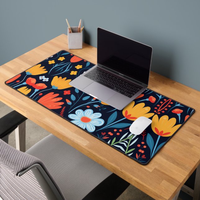 Pretty Feminine Black Floral Pattern Desk Mat (Office 2)