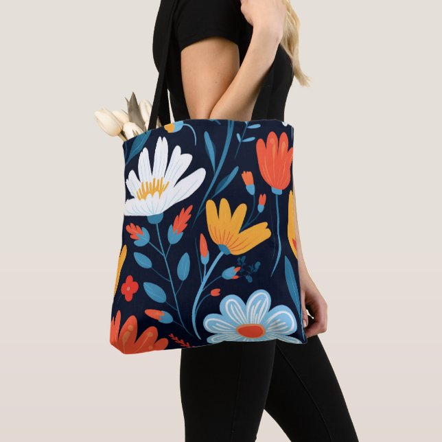 Pretty Feminine Black Floral Pattern Tote Bag (Close Up)