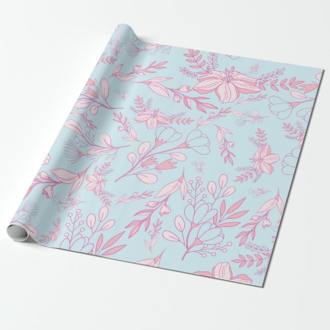 Pretty Feminine Floral Pattern Pink and Blue Wrapping Paper (Unrolled)