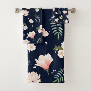 Pretty feminine flower pattern for her l Navy blue Bath Towel Set