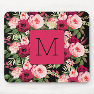 Pretty feminine monogram black and pink floral mouse pad