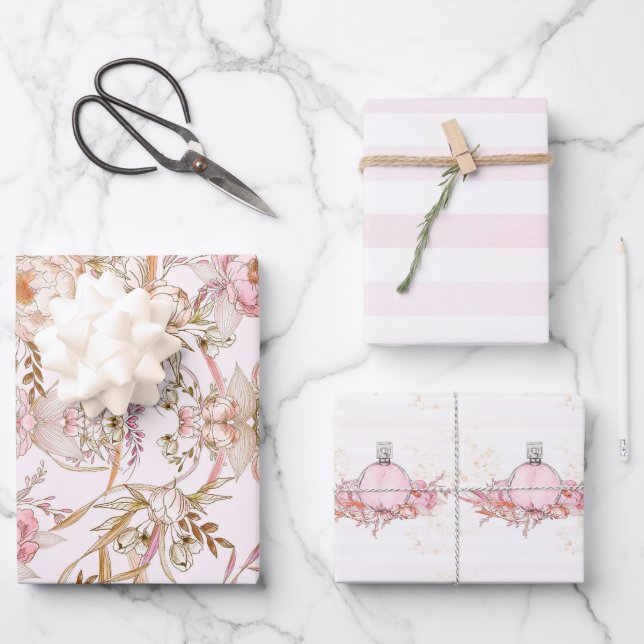 Pretty feminine pale pink Perfume stripes & floral Wrapping Paper Sheet (Front)