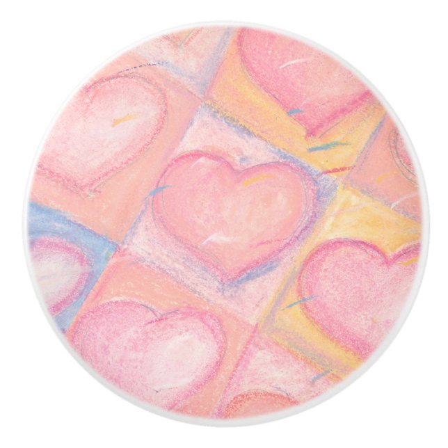 Pretty Feminine Pink Pastel Hearts Artwork Ceramic Knob (Front)