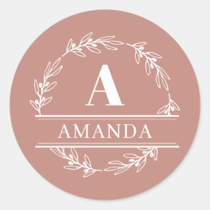 Pretty Feminine Pink Wreath Custom Monogram  Classic Round Sticker