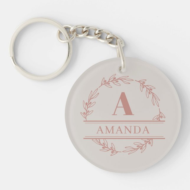 Pretty Feminine Pink Wreath Custom Monogram Key Ring (Front)