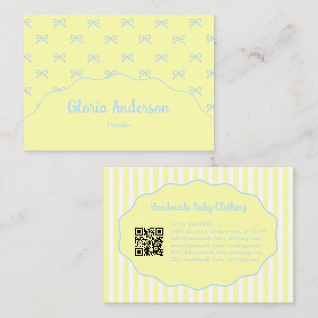Pretty Feminine Yellow Blue Bow Stripe Pattern Business Card (Front/Back)