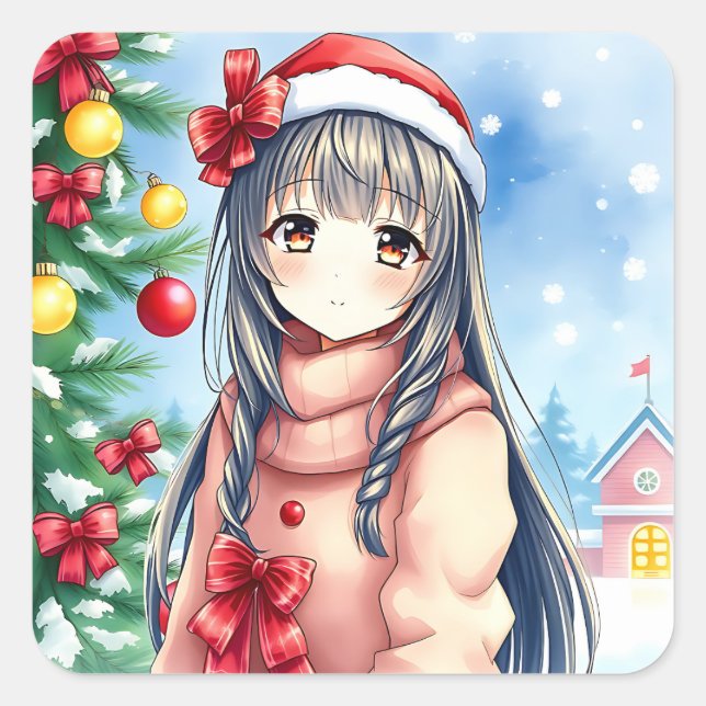 Pretty Festive Anime Girl Christmas Square Sticker (Front)