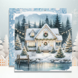Pretty Festive House on a Frozen Lake Christmas Holiday Card