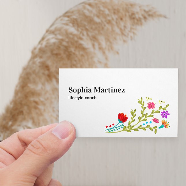 Pretty Fiesta Floral Bouquet White Social Media Business Card (Horizontal Business Card with fiesta floral bouquet)