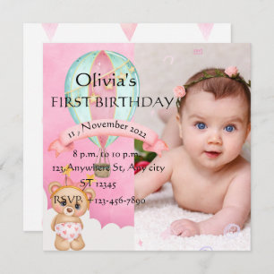 Pretty First Birthday photo Invitation