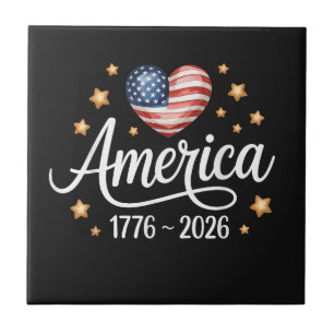 Pretty Flag Heart 1776-2026 July 4th 250th Ceramic Tile