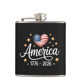 Pretty Flag Heart 1776-2026 July 4th 250th Hip Flask