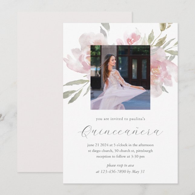 Pretty Floral 15 Years Birthday Quinceañera Photo Invitation (Front/Back)