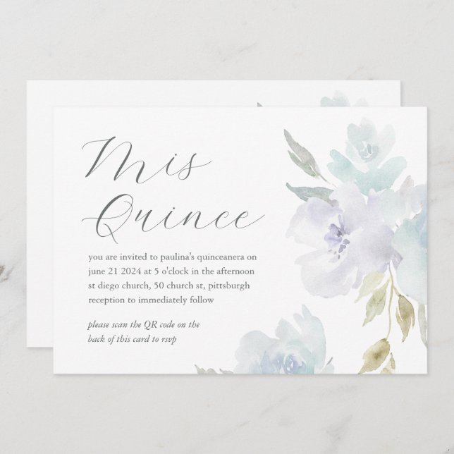 Pretty Floral 15th Birthday Quinceañera QR Code Invitation (Front/Back)