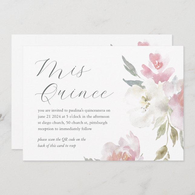 Pretty Floral 15th Birthday Quinceañera QR Code Invitation (Front/Back)