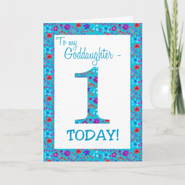 Pretty Floral 1st Birthday Card  Goddaughter Blue (Front)