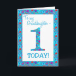 Pretty Floral 1st Birthday Granddaughter Blue Card<br><div class="desc">A very pretty 1st Birthday Card for a Granddaughter,  with the number 1 and the border in bright,  ditsy flowers on a turquoise blue background. You can change the inside message if you wish.</div>