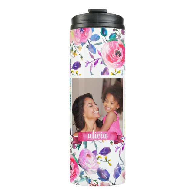 Pretty Floral 3 Photo Monogram Thermal Tumbler (Front)