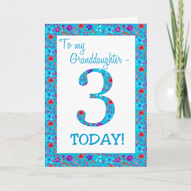 Pretty Floral 3rd Birthday Granddaughter Blue Card (Front)