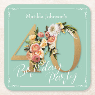 Pretty Floral 40th Birthday Mint Gold Glamorous Square Paper Coaster