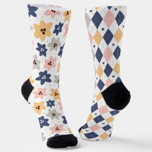 Pretty Floral And Argyle Diamond Pattern Fun Odd Socks