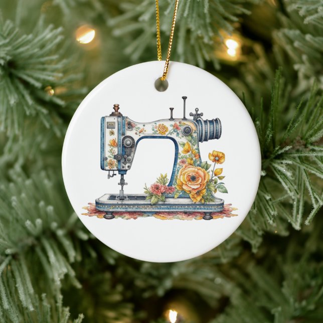 Pretty Floral Antique Sewing Machine Christmas Ceramic Ornament (Tree)