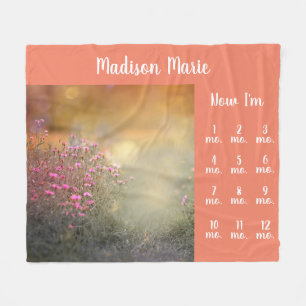 Pretty Floral Baby Milestones Coral Fleece Blanket