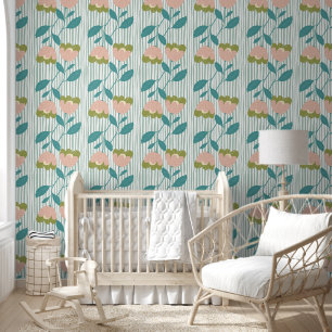 Pretty floral Blue and pink Pastel stripped Wallpaper
