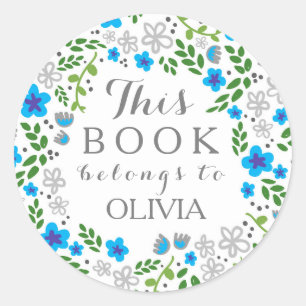 Pretty Floral Blue Book Belongs Round Stickers