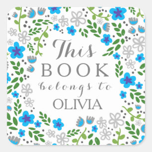 Pretty Floral Blue Grey This Book Belongs Stickers