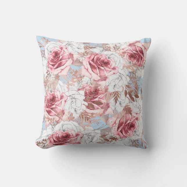 PRETTY FLORAL BLUE PINK DOUBLE SIDED Cushion (Front)