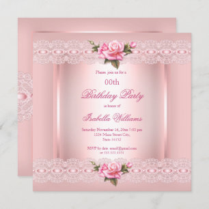 Pretty Floral Blush Pink Roses lace Birthday Invitation