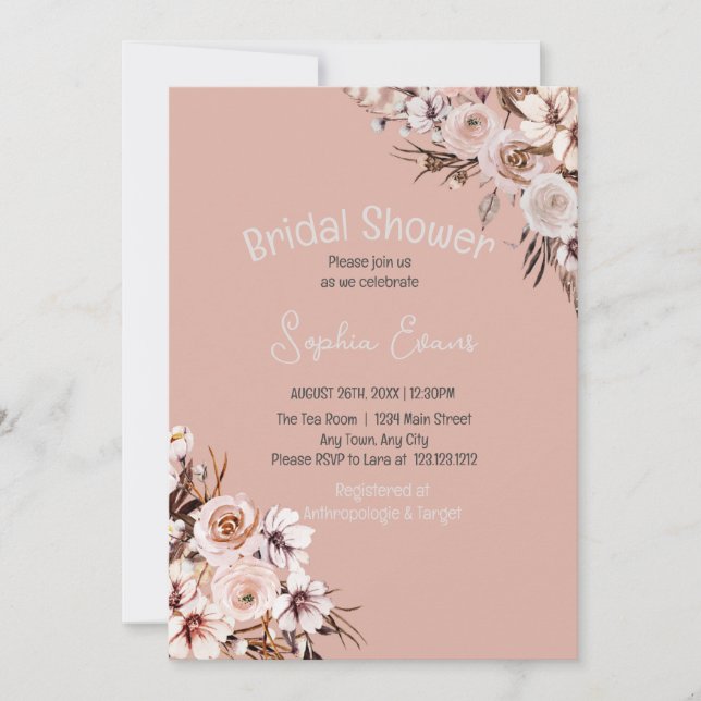 Pretty Floral Boho Tan Bridal Shower Invitation (Front)