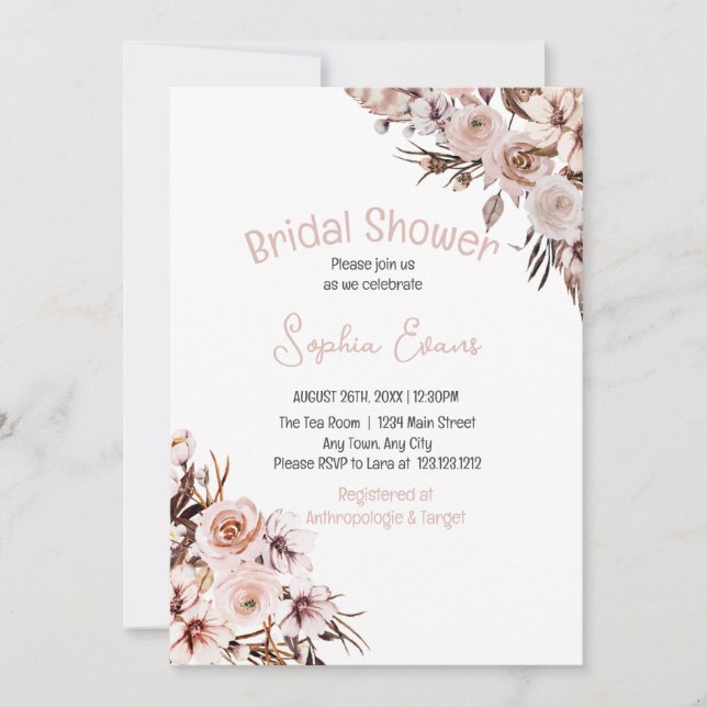Pretty Floral Boho White Bridal Shower Invitation (Front)