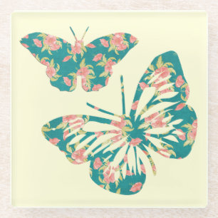 Pretty Floral Butterflies Glass Coaster