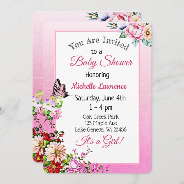 Pretty Floral Butterfly Girl's Baby Shower Invitation (Front/Back)