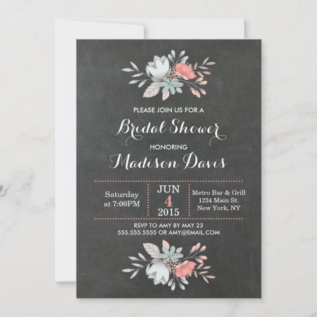 Pretty Floral Chalkboard Bridal Shower Invitations (Front)
