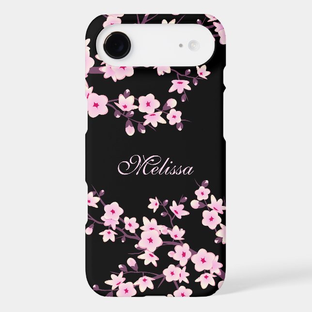 Pretty Floral Cherry Blossom Pink Black Monogram Case-Mate iPhone Case (Back)