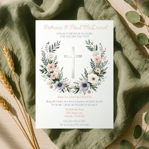 Pretty Floral Christianity Cross Easter Party  Invitation