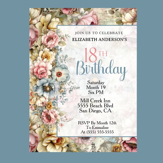 Pretty Floral Collage 18th Birthday Invitation (Pastel floral 18th birthday invitation with vintage watercolor flowers and blue accents
)