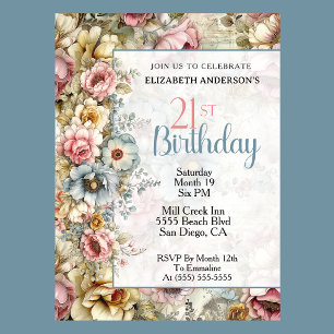 Pretty Floral Collage 21st Birthday Invitation