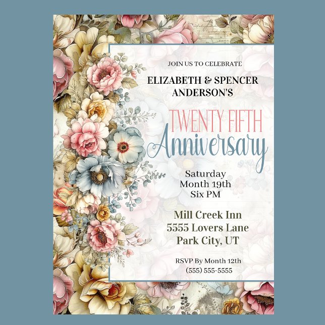 Pretty Floral Collage 25th Wedding Anniversary Invitation (Vintage floral 25th anniversary invitation with watercolor flowers and romantic botanical design
)