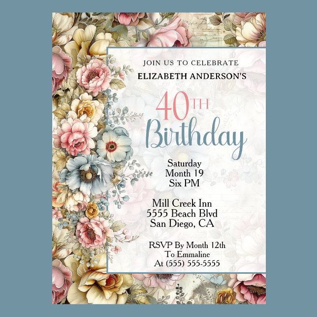 Pretty Floral Collage 40th Birthday Invitation (Elegant pastel floral 40th birthday invitation with vintage flowers and soft blue accents
)