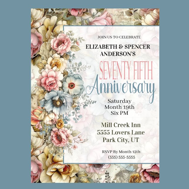 Pretty Floral Collage 75th Wedding Anniversary Invitation (Vintage floral 75th anniversary invitation with watercolor flowers and romantic botanical design
)
